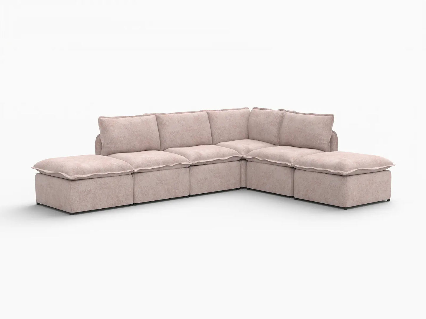 Deluxe Cloud 4-Seater Khaki L-Shaped Sectional | 6-Piece (Includes 2 Ottomans), Linen Look Poly Fabric, Washable Cushion Covers