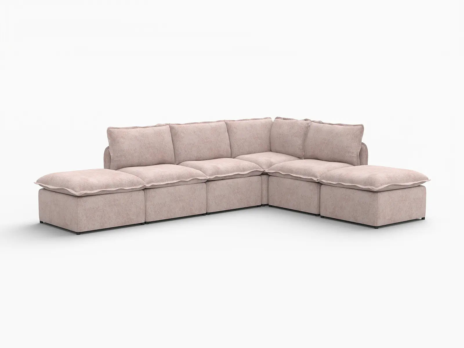 Deluxe Cloud 4-Seater Khaki L-Shaped Sectional | 6-Piece (Includes 2 Ottomans), Linen Look Poly Fabric, Washable Cushion Covers