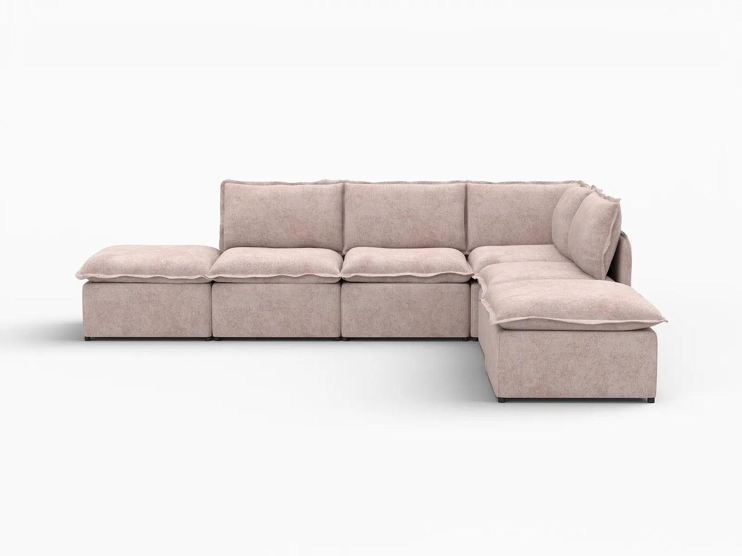Deluxe Cloud 4-Seater Khaki L-Shaped Sectional | 6-Piece (Includes 2 Ottomans), Linen Look Poly Fabric, Washable Cushion Covers