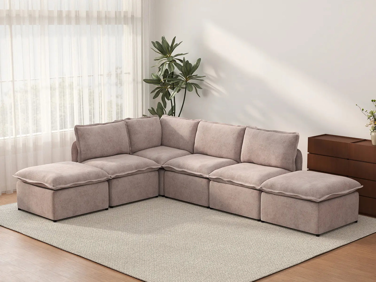 Deluxe Cloud 4-Seater Khaki L-Shaped Sectional | 6-Piece (Includes 2 Ottomans), Linen Look Poly Fabric, Washable Cushion Covers