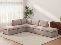 Deluxe Cloud 4-Seater Khaki L-Shaped Sectional | 6-Piece (Includes 2 Ottomans), Linen Look Poly Fabric, Washable Cushion Covers