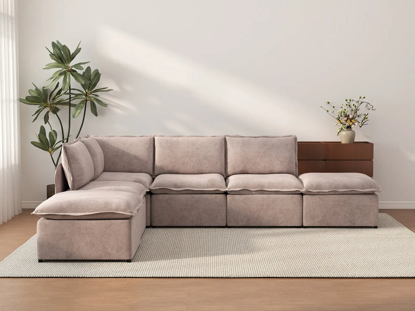 Deluxe Cloud 4-Seater Khaki L-Shaped Sectional | 6-Piece (Includes 2 Ottomans), Linen Look Poly Fabric, Washable Cushion Covers