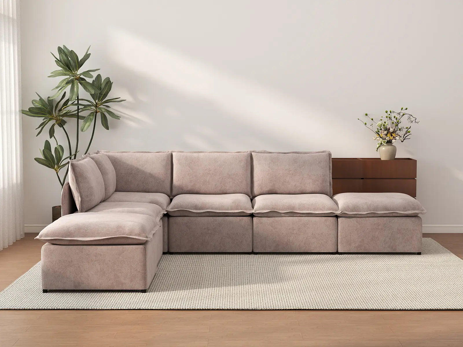 Deluxe Cloud 4-Seater Khaki L-Shaped Sectional | 6-Piece (Includes 2 Ottomans), Linen Look Poly Fabric, Washable Cushion Covers
