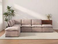 Deluxe Cloud 4-Seater Khaki L-Shaped Sectional | 6-Piece (Includes 2 Ottomans), Linen Look Poly Fabric, Washable Cushion Covers