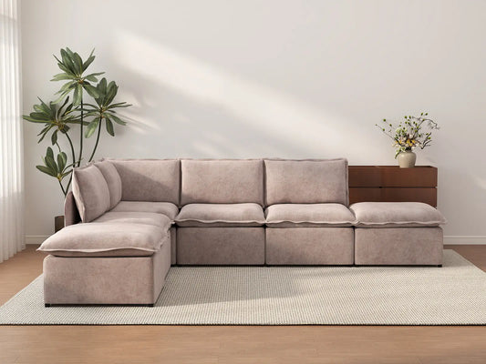 Deluxe Cloud 4-Seater Khaki L-Shaped Sectional | 6-Piece (Includes 2 Ottomans), Linen Look Poly Fabric, Washable Cushion Covers