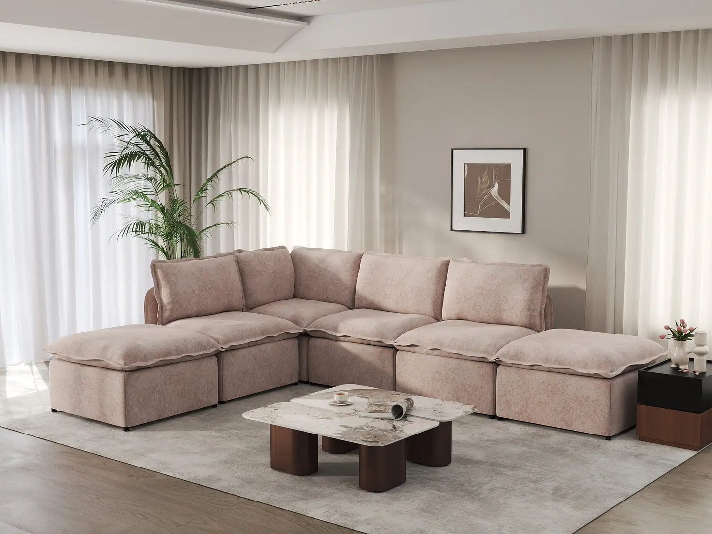 Deluxe Cloud 4-Seater Khaki L-Shaped Sectional | 6-Piece (Includes 2 Ottomans), Linen Look Poly Fabric, Washable Cushion Covers