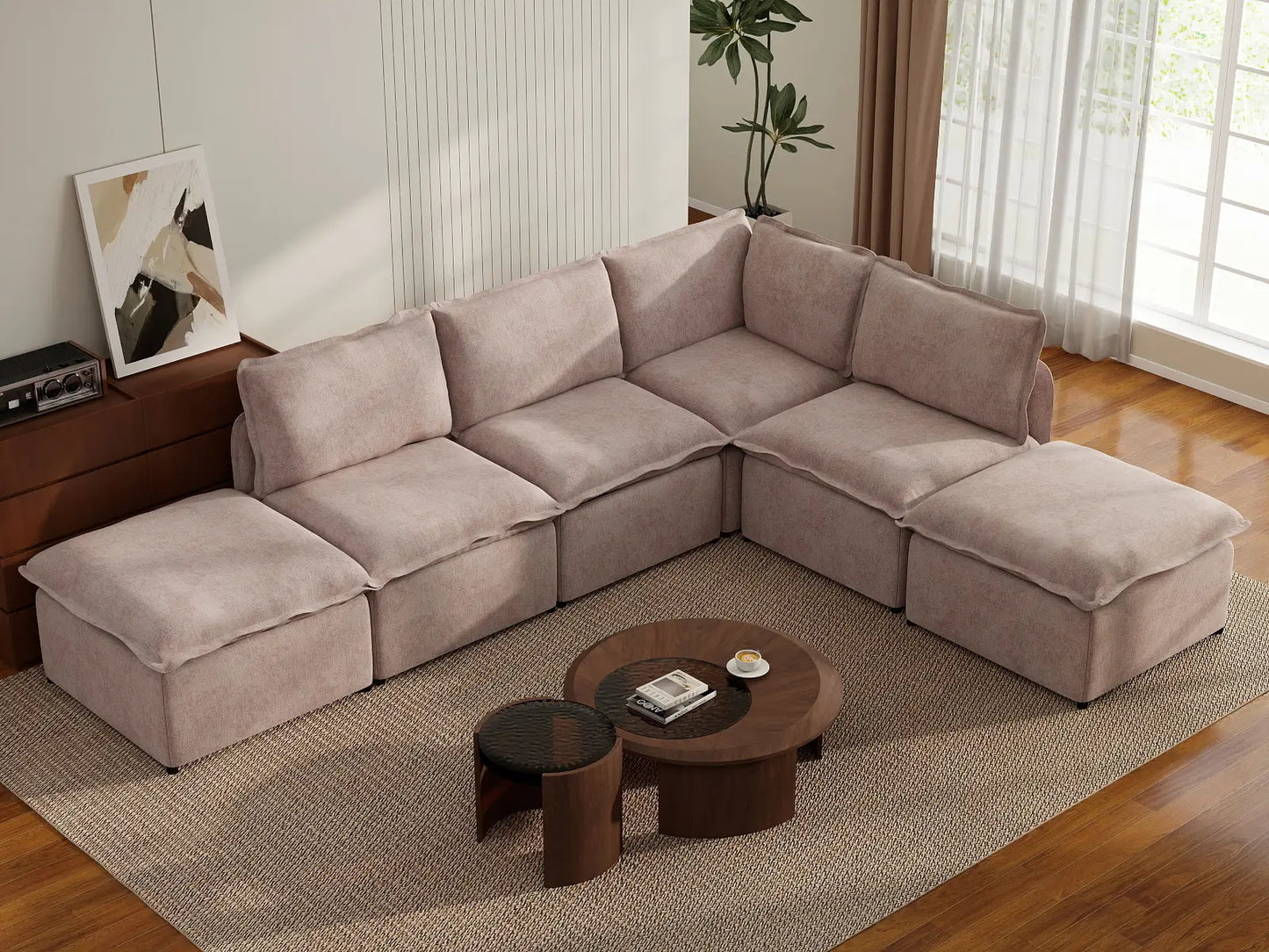 Deluxe Cloud 4-Seater Khaki L-Shaped Sectional | 6-Piece (Includes 2 Ottomans), Linen Look Poly Fabric, Washable Cushion Covers