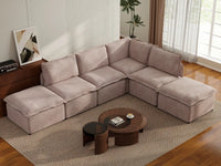 Deluxe Cloud 4-Seater Khaki L-Shaped Sectional | 6-Piece (Includes 2 Ottomans), Linen Look Poly Fabric, Washable Cushion Covers