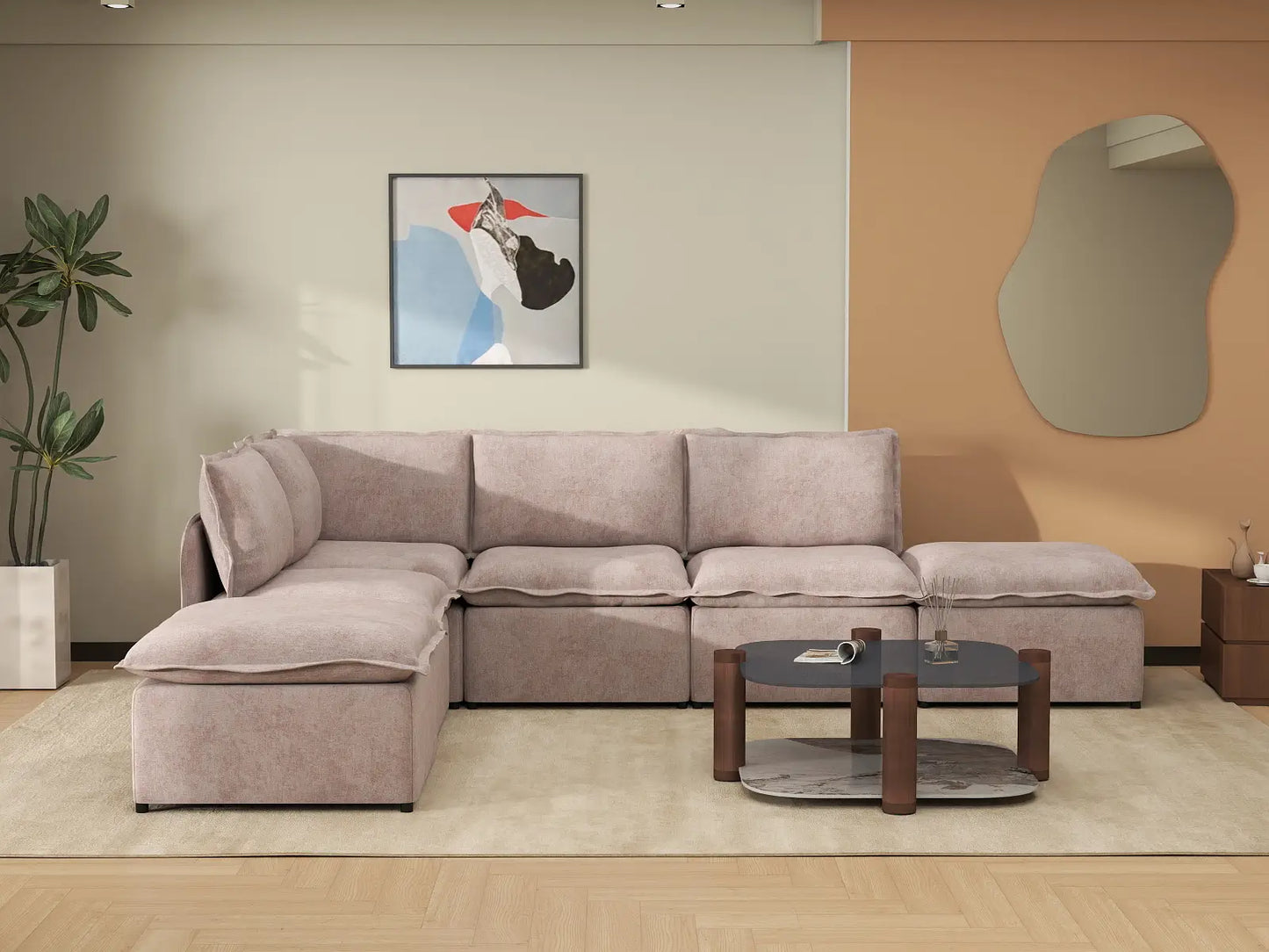 Deluxe Cloud 4-Seater Khaki L-Shaped Sectional | 6-Piece (Includes 2 Ottomans), Linen Look Poly Fabric, Washable Cushion Covers