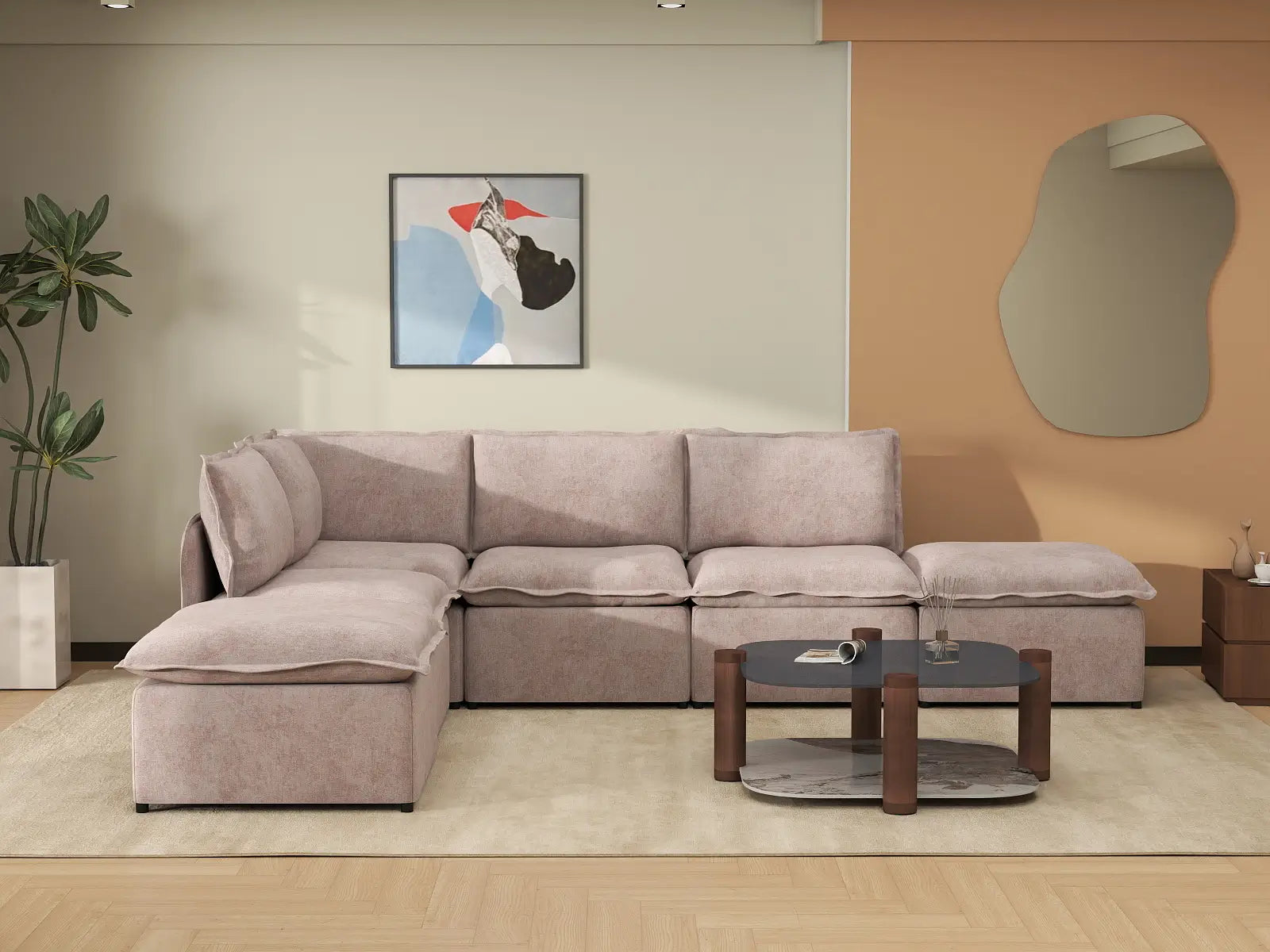 Deluxe Cloud 4-Seater Khaki L-Shaped Sectional | 6-Piece (Includes 2 Ottomans), Linen Look Poly Fabric, Washable Cushion Covers