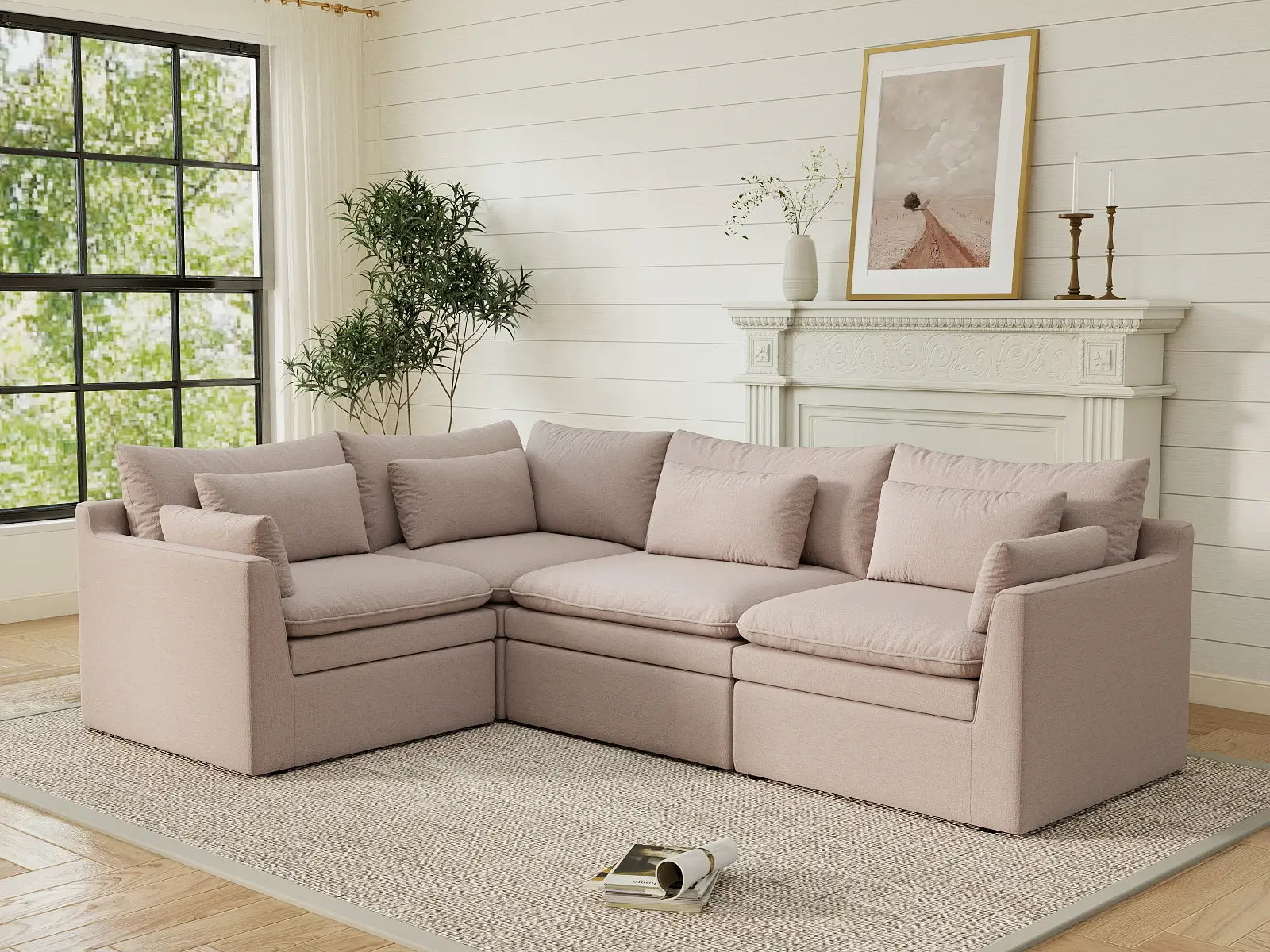 Deluxe Cloud 4-Seater Khaki L-Shaped Sectional | 4-Piece, Linen Look Poly Fabric, Washable Cushion Covers