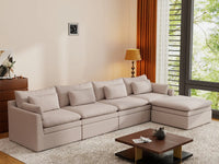 Deluxe Cloud 4-Seater Khaki L-Shaped Sectional | 5-Piece (Includes 1 Ottoman), Linen Look Poly Fabric, Washable Cushion Covers