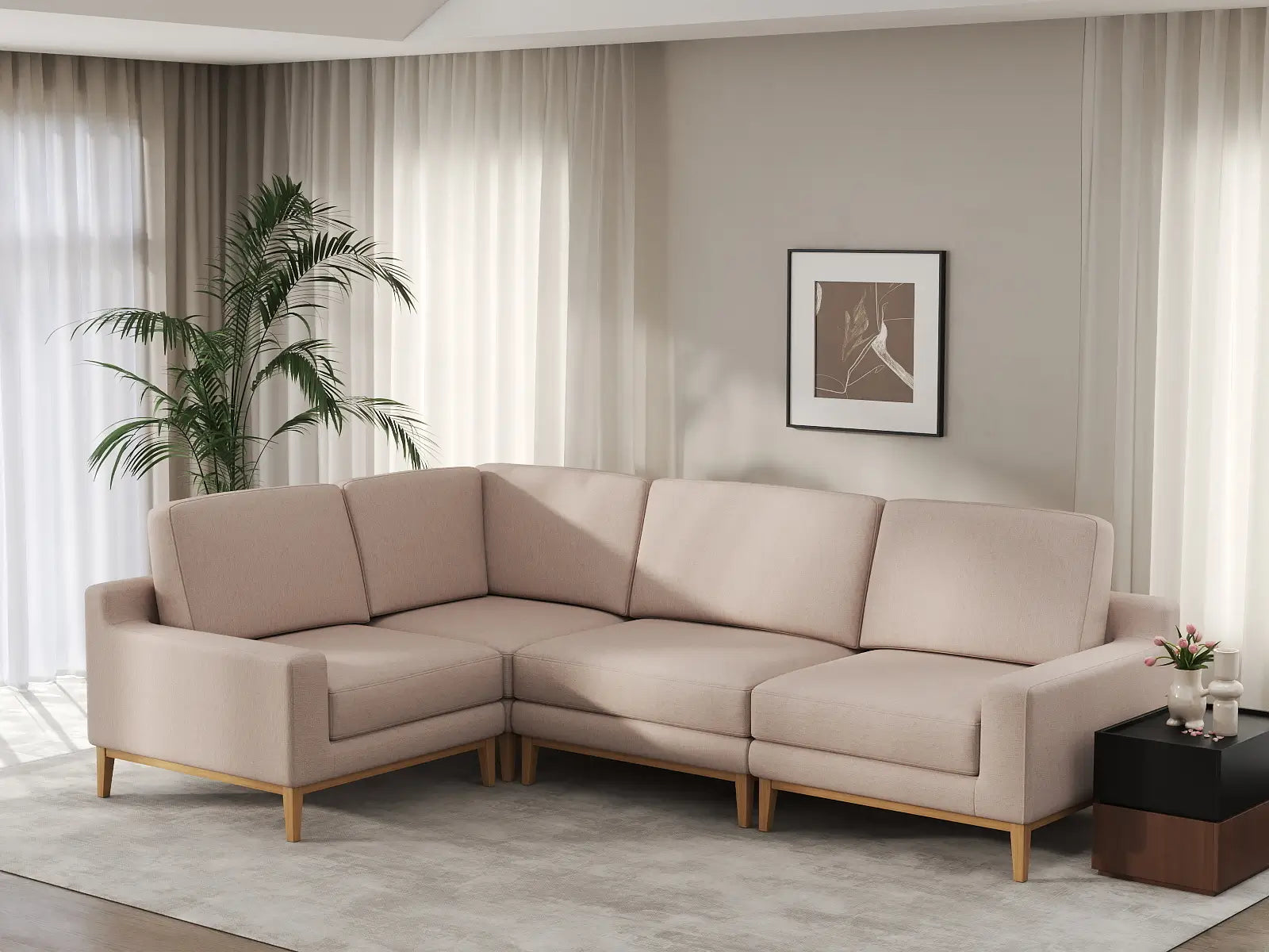 Deluxe Cloud 4-Seater Khaki L-Shaped Sectional | 4-Piece, Linen Look Poly Fabric, Washable Cushion Covers