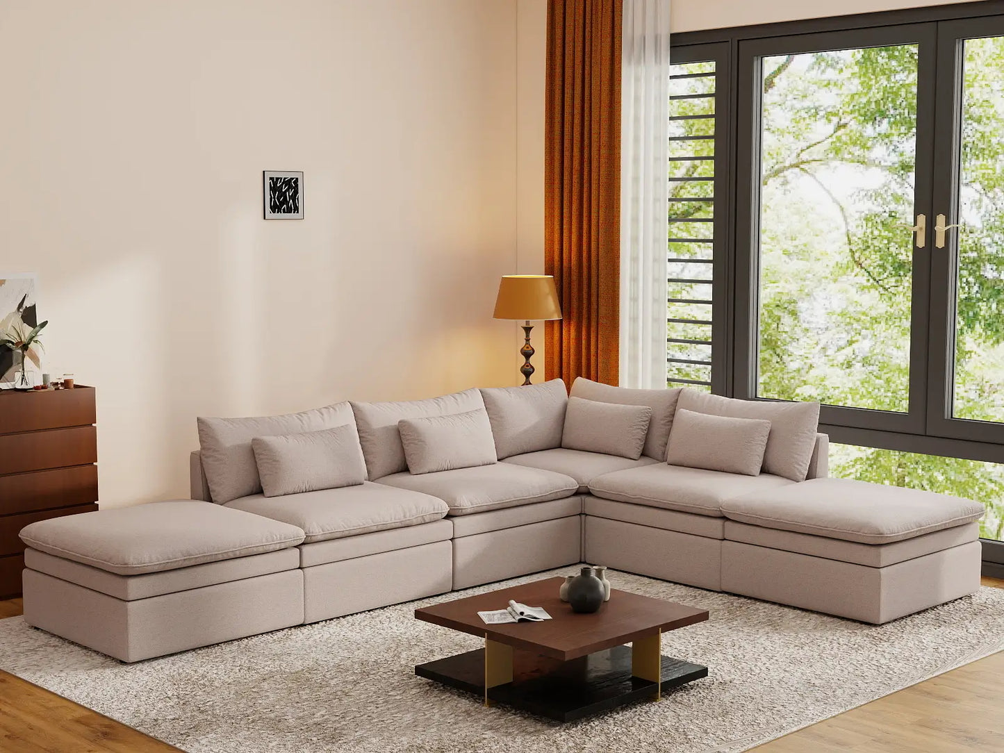 Deluxe Cloud 4-Seater Khaki L-Shaped Sectional | 6-Piece (Includes 2 Ottomans), Linen Look Poly Fabric, Washable Cushion Covers