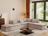 Deluxe Cloud 4-Seater Khaki L-Shaped Sectional | 6-Piece (Includes 2 Ottomans), Linen Look Poly Fabric, Washable Cushion Covers