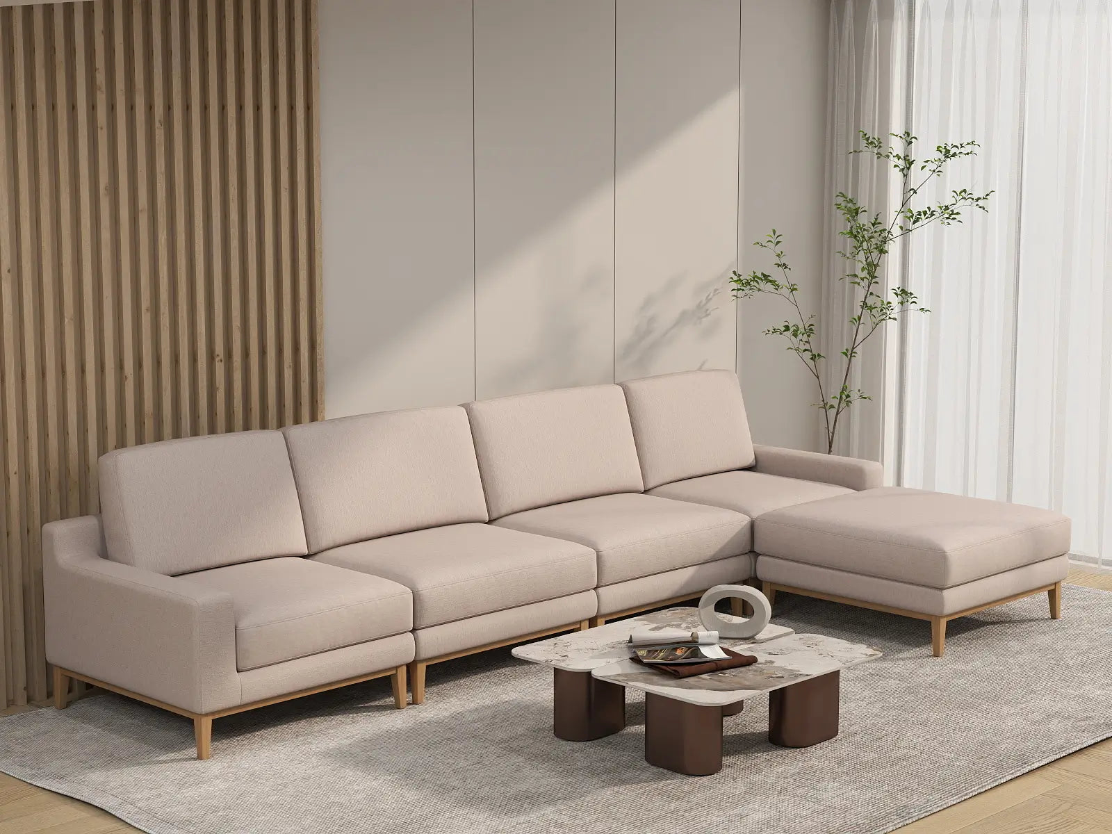 Deluxe Cloud 4-Seater Khaki L-Shaped Sectional | 5-Piece (Includes 1 Ottoman), Linen Look Poly Fabric, Washable Cushion Covers