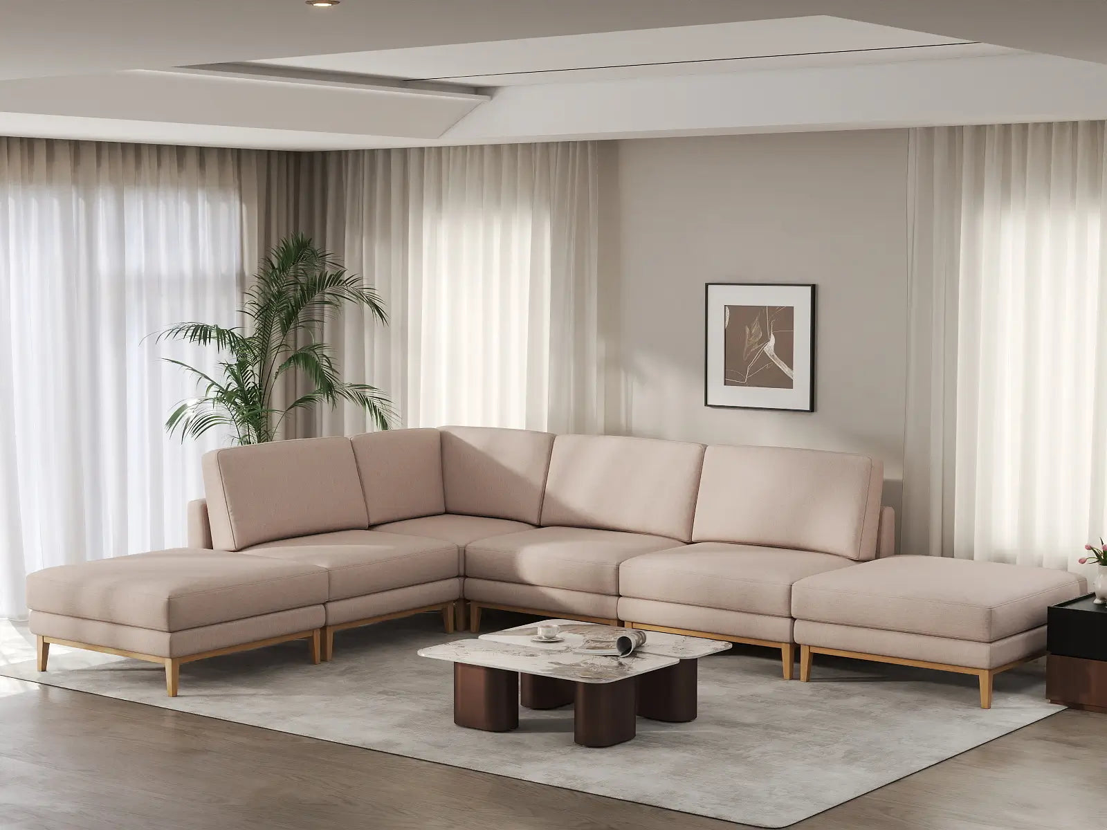 Deluxe Cloud 4-Seater Khaki L-Shaped Sectional | 6-Piece (Includes 2 Ottomans), Linen Look Poly Fabric, Washable Cushion Covers