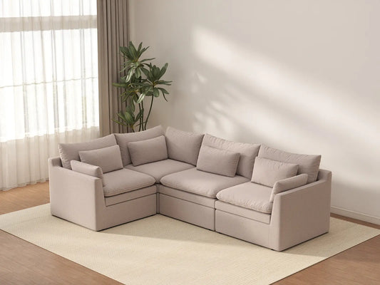 Deluxe Cloud 4-Seater Khaki L-Shaped Sectional | 4-Piece, Linen Look Poly Fabric, Washable Cushion Covers