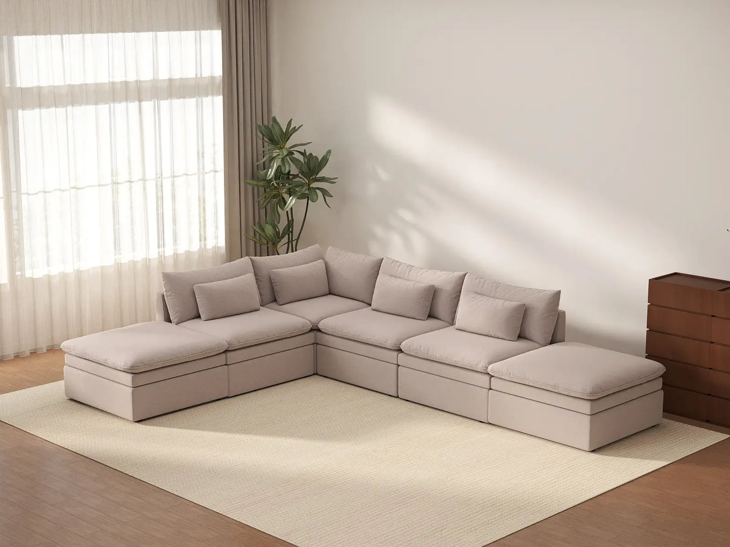 Deluxe Cloud 4-Seater Khaki L-Shaped Sectional | 6-Piece (Includes 2 Ottomans), Linen Look Poly Fabric, Washable Cushion Covers