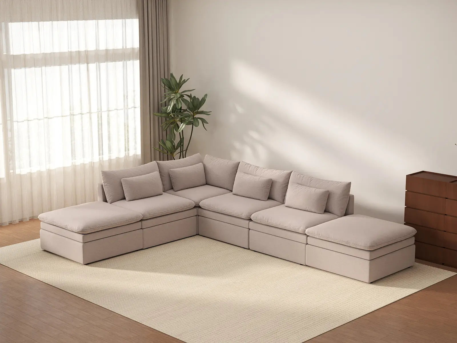 Deluxe Cloud 4-Seater Khaki L-Shaped Sectional | 6-Piece (Includes 2 Ottomans), Linen Look Poly Fabric, Washable Cushion Covers