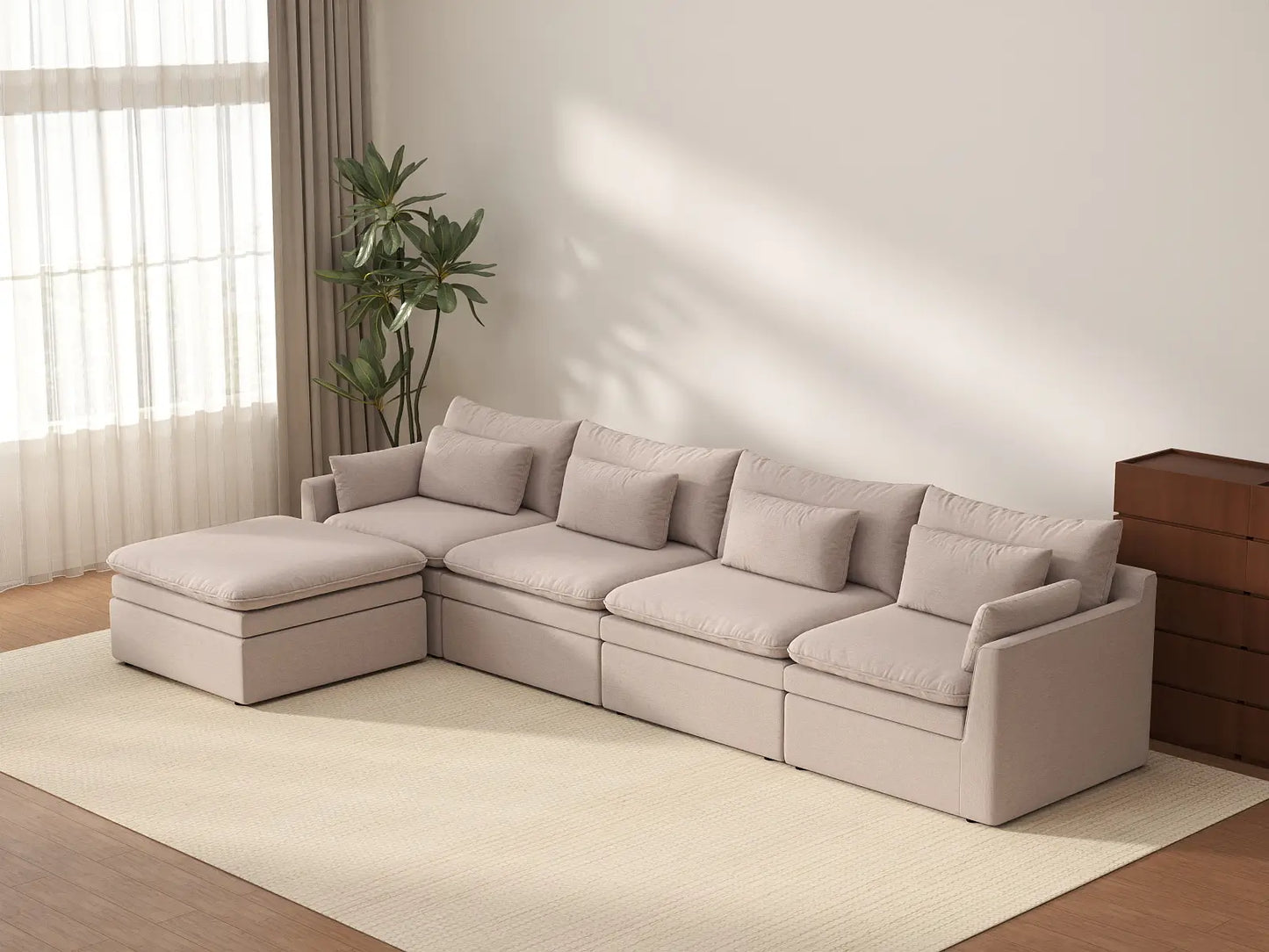 Deluxe Cloud 4-Seater Khaki L-Shaped Sectional | 5-Piece (Includes 1 Ottoman), Linen Look Poly Fabric, Washable Cushion Covers