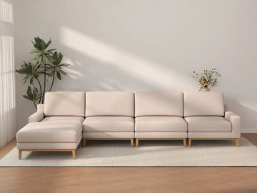 Deluxe Cloud 4-Seater Khaki L-Shaped Sectional | 5-Piece (Includes 1 Ottoman), Linen Look Poly Fabric, Washable Cushion Covers