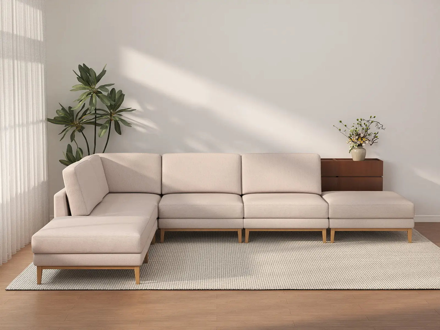 Deluxe Cloud 4-Seater Khaki L-Shaped Sectional | 6-Piece (Includes 2 Ottomans), Linen Look Poly Fabric, Washable Cushion Covers