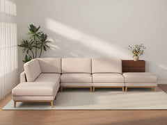 Deluxe Cloud 4-Seater Khaki L-Shaped Sectional | 6-Piece (Includes 2 Ottomans), Linen Look Poly Fabric, Washable Cushion Covers