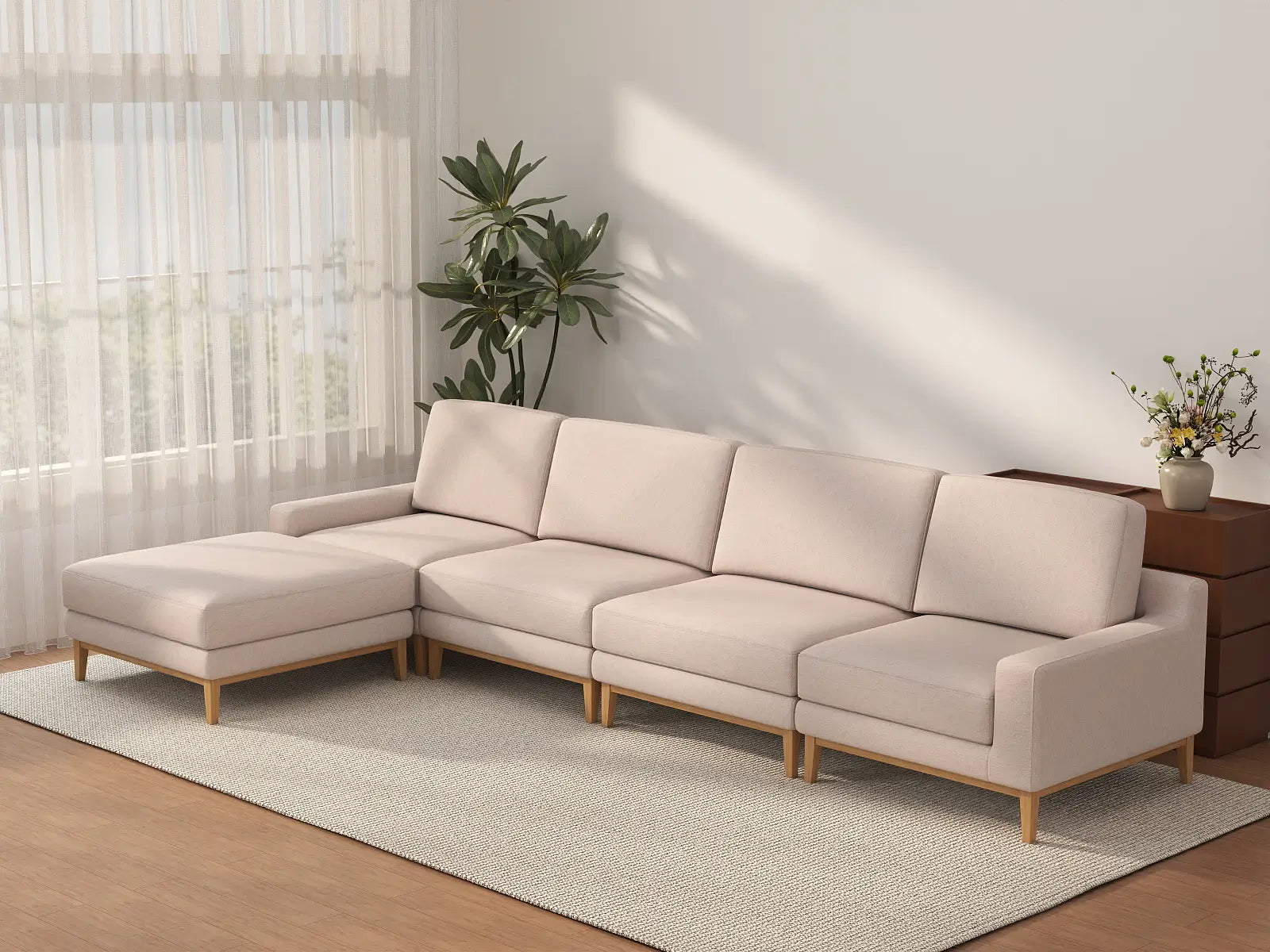 Deluxe Cloud 4-Seater Khaki L-Shaped Sectional | 5-Piece (Includes 1 Ottoman), Linen Look Poly Fabric, Washable Cushion Covers