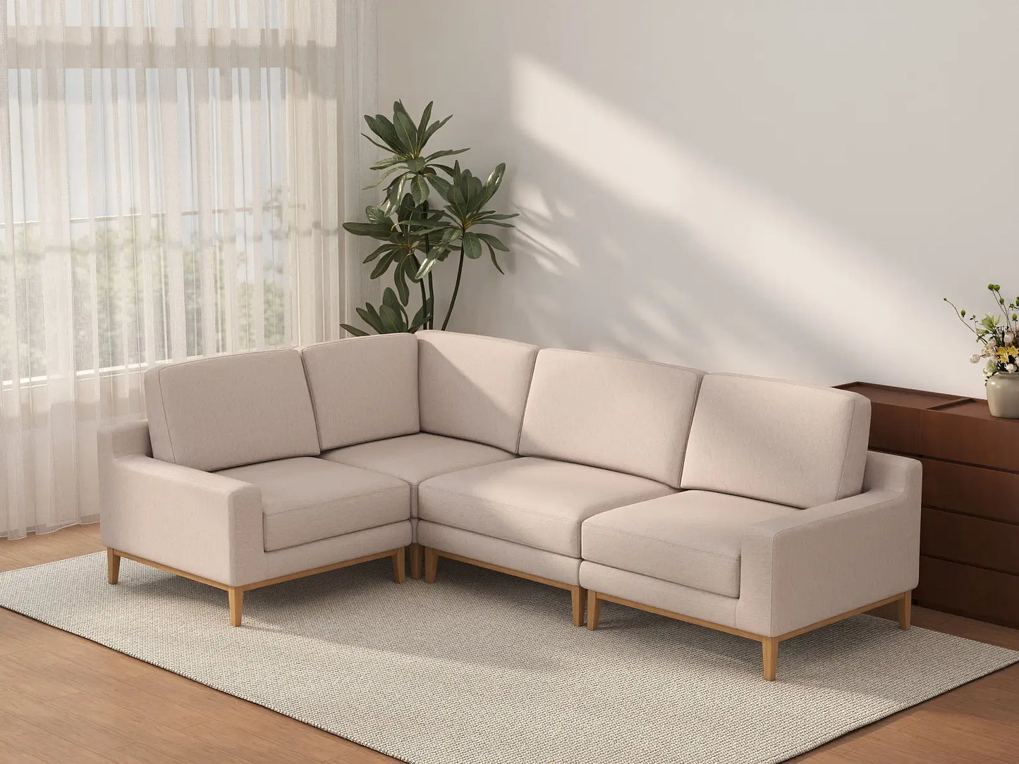 Deluxe Cloud 4-Seater Khaki L-Shaped Sectional | 4-Piece, Linen Look Poly Fabric, Washable Cushion Covers