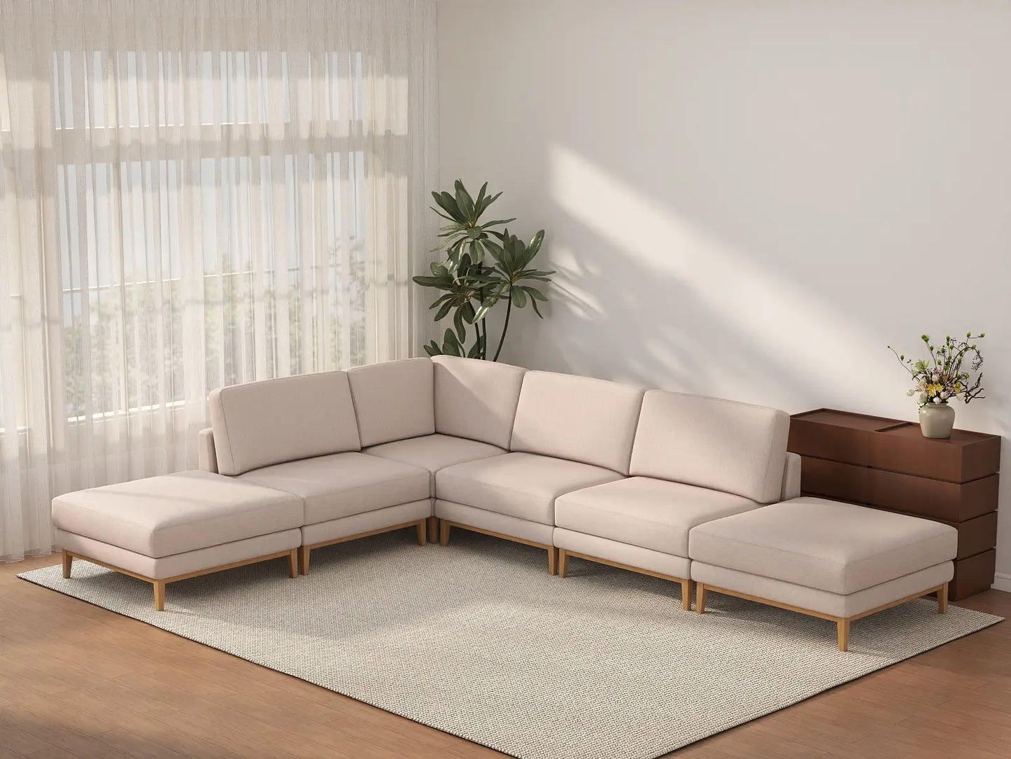Deluxe Cloud 4-Seater Khaki L-Shaped Sectional | 6-Piece (Includes 2 Ottomans), Linen Look Poly Fabric, Washable Cushion Covers