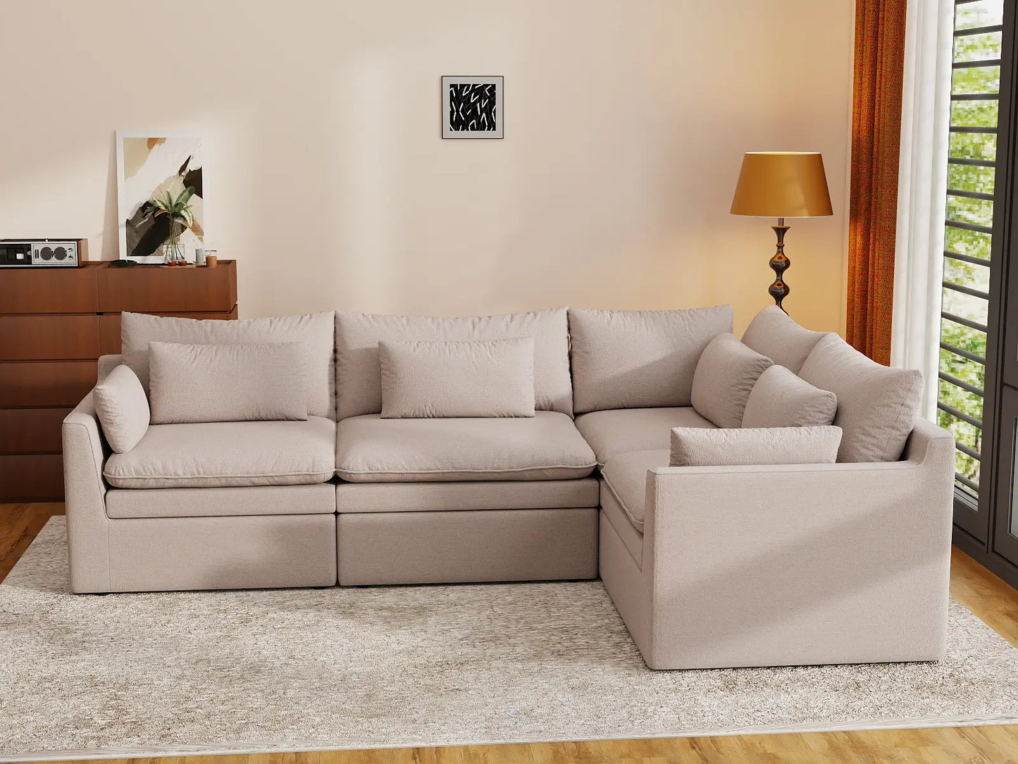 Deluxe Cloud 4-Seater Khaki L-Shaped Sectional | 4-Piece, Linen Look Poly Fabric, Washable Cushion Covers