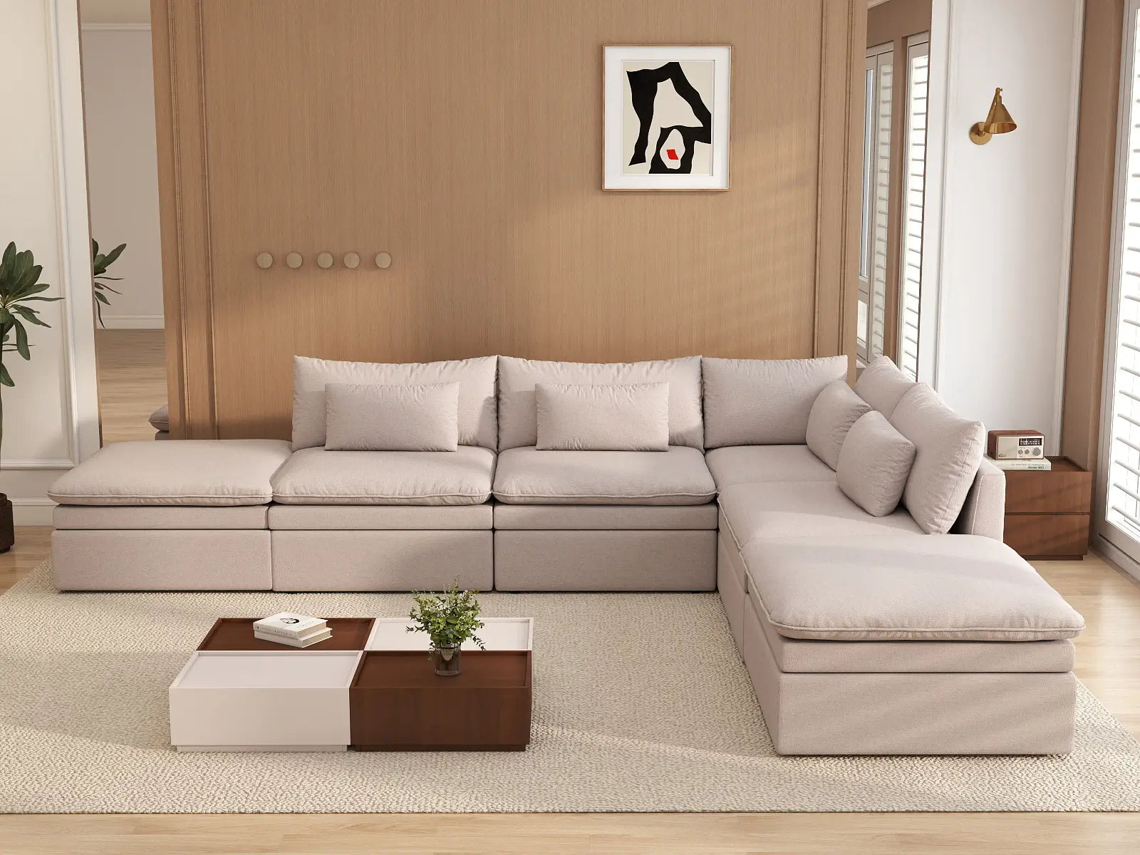 Deluxe Cloud 4-Seater Khaki L-Shaped Sectional | 6-Piece (Includes 2 Ottomans), Linen Look Poly Fabric, Washable Cushion Covers