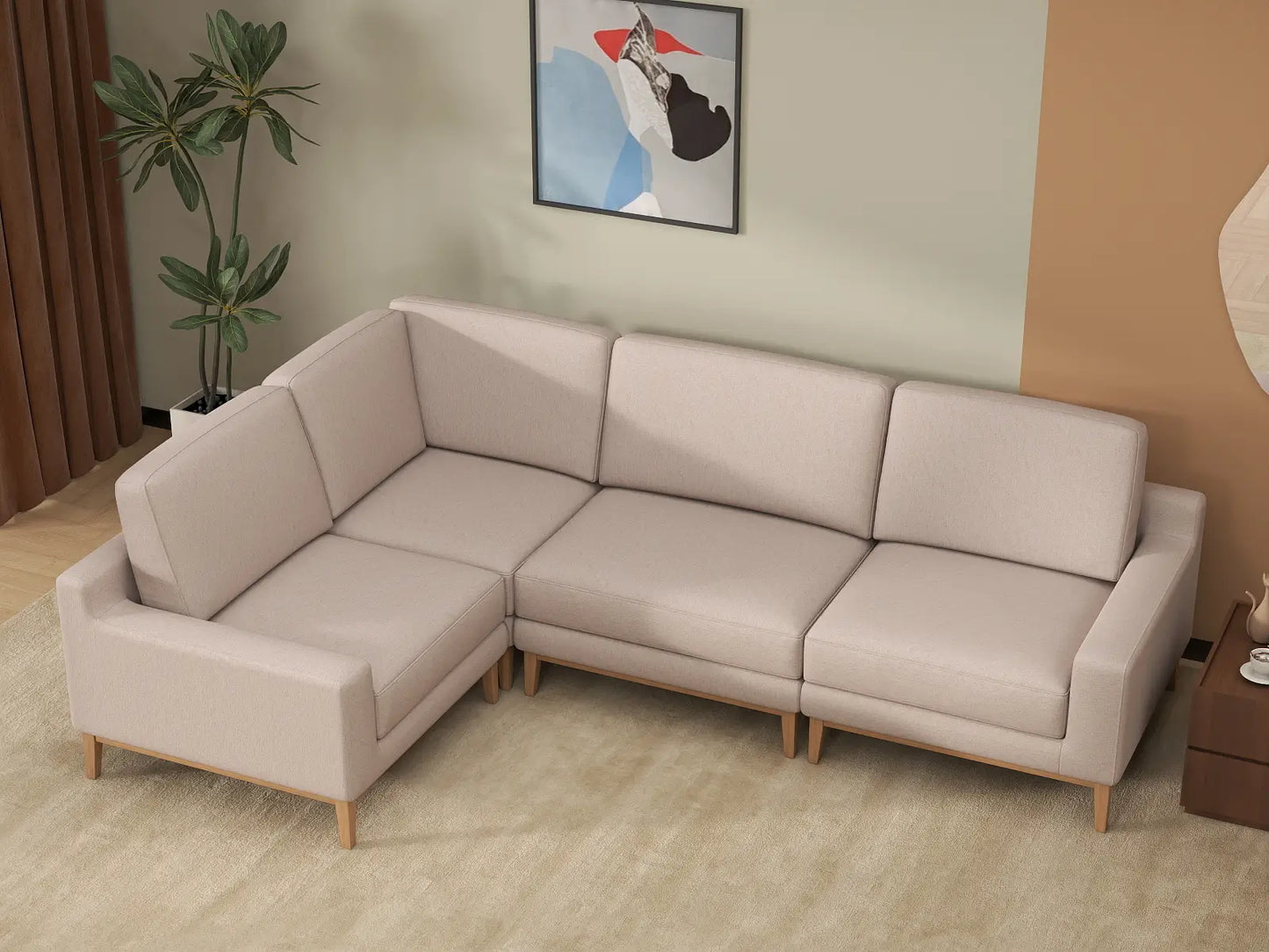 Deluxe Cloud 4-Seater Khaki L-Shaped Sectional | 4-Piece, Linen Look Poly Fabric, Washable Cushion Covers