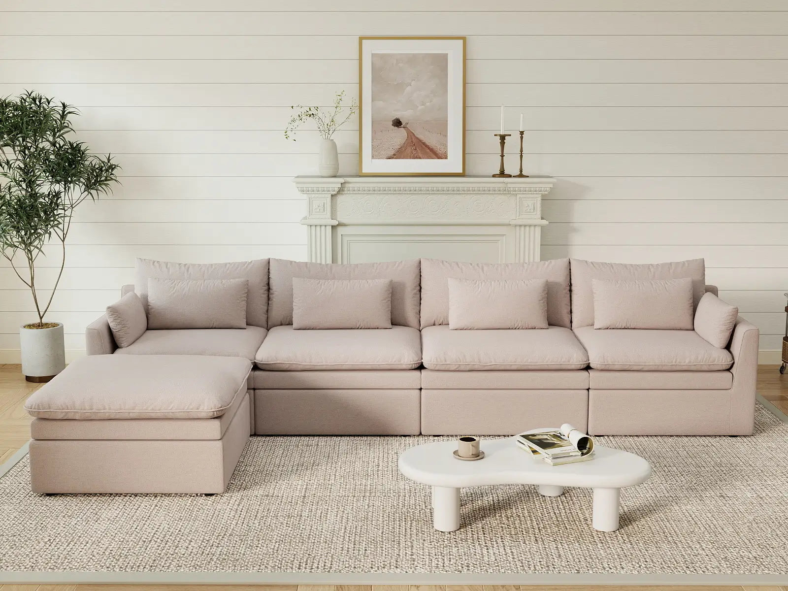 Deluxe Cloud 4-Seater Khaki L-Shaped Sectional | 5-Piece (Includes 1 Ottoman), Linen Look Poly Fabric, Washable Cushion Covers