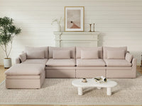 Deluxe Cloud 4-Seater Khaki L-Shaped Sectional | 5-Piece (Includes 1 Ottoman), Linen Look Poly Fabric, Washable Cushion Covers