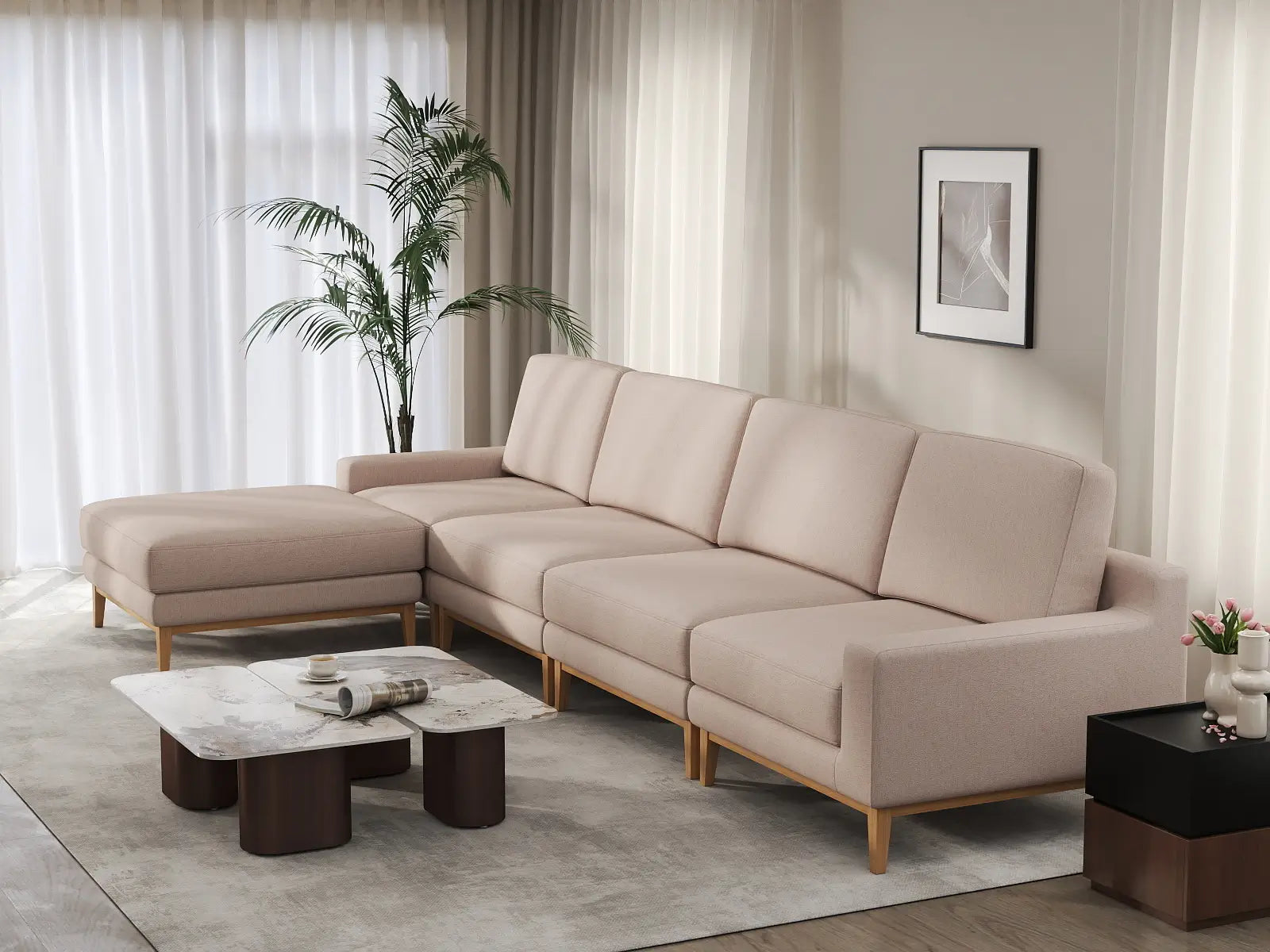 Deluxe Cloud 4-Seater Khaki L-Shaped Sectional | 5-Piece (Includes 1 Ottoman), Linen Look Poly Fabric, Washable Cushion Covers