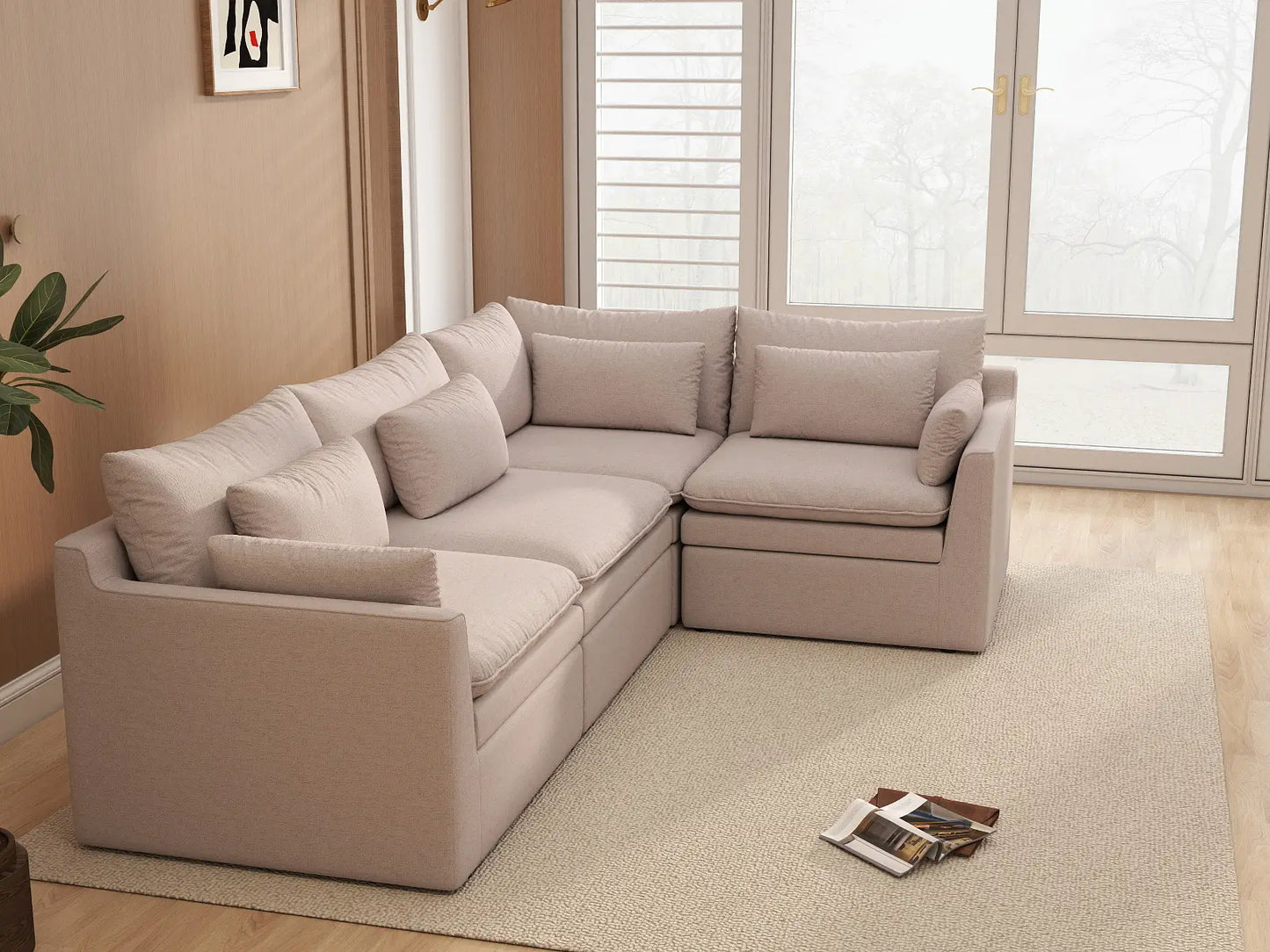 Deluxe Cloud 4-Seater Khaki L-Shaped Sectional | 4-Piece, Linen Look Poly Fabric, Washable Cushion Covers