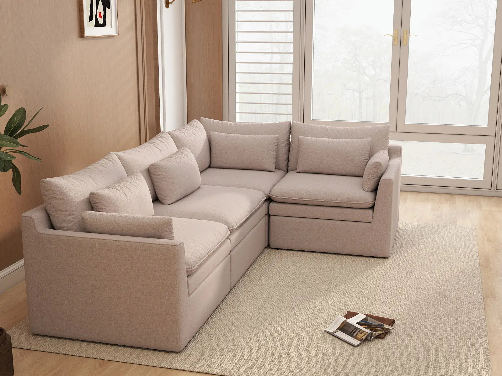 Deluxe Cloud 4-Seater Khaki L-Shaped Sectional | 4-Piece, Linen Look Poly Fabric, Washable Cushion Covers