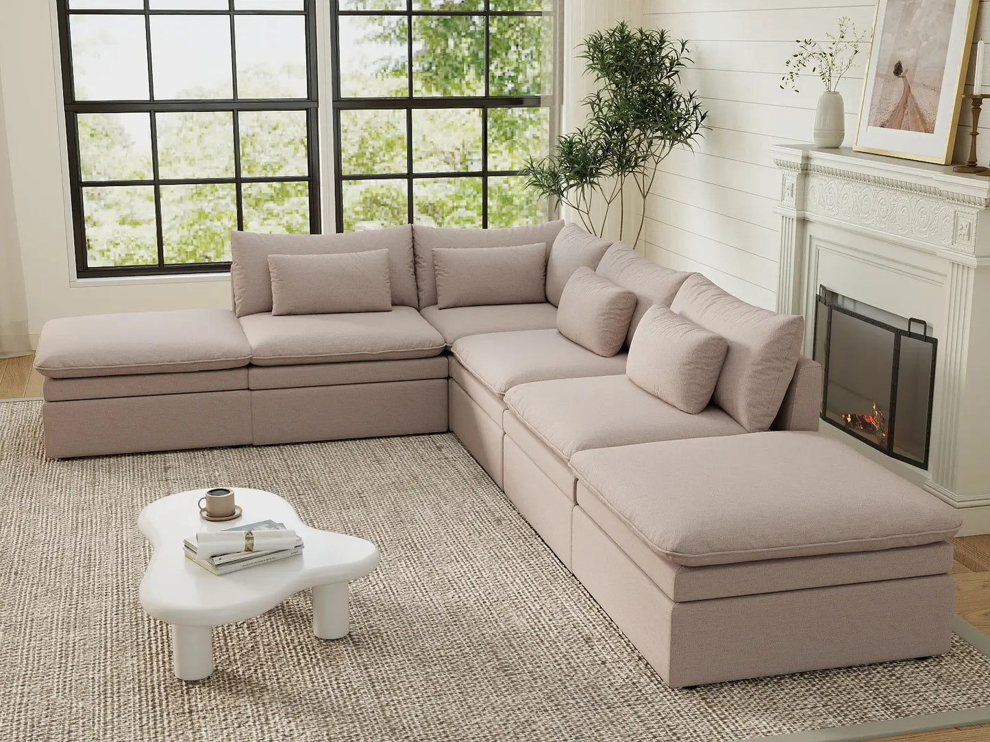 Deluxe Cloud 4-Seater Khaki L-Shaped Sectional | 6-Piece (Includes 2 Ottomans), Linen Look Poly Fabric, Washable Cushion Covers