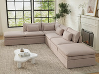 Deluxe Cloud 4-Seater Khaki L-Shaped Sectional | 6-Piece (Includes 2 Ottomans), Linen Look Poly Fabric, Washable Cushion Covers