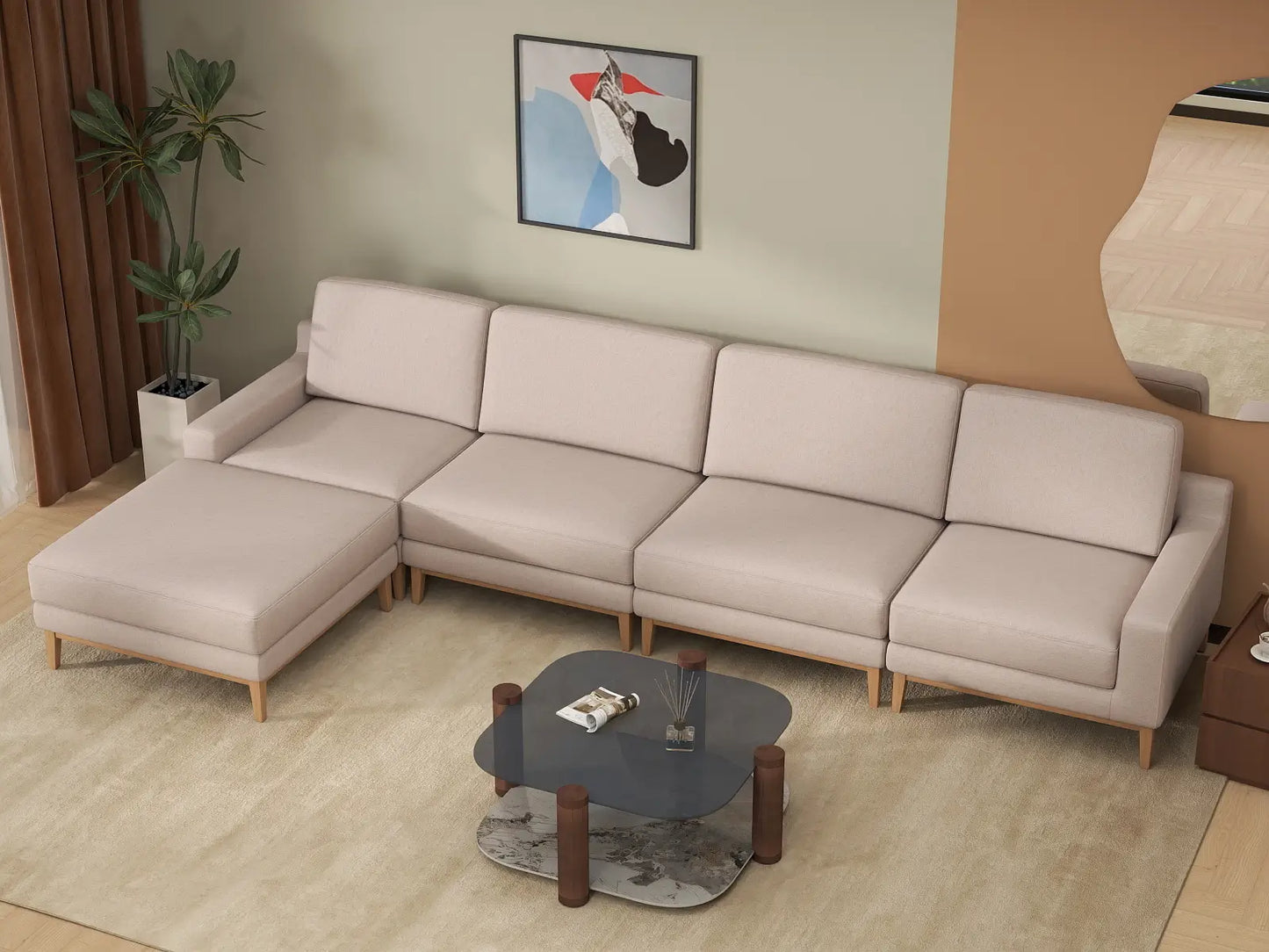 Deluxe Cloud 4-Seater Khaki L-Shaped Sectional | 5-Piece (Includes 1 Ottoman), Linen Look Poly Fabric, Washable Cushion Covers
