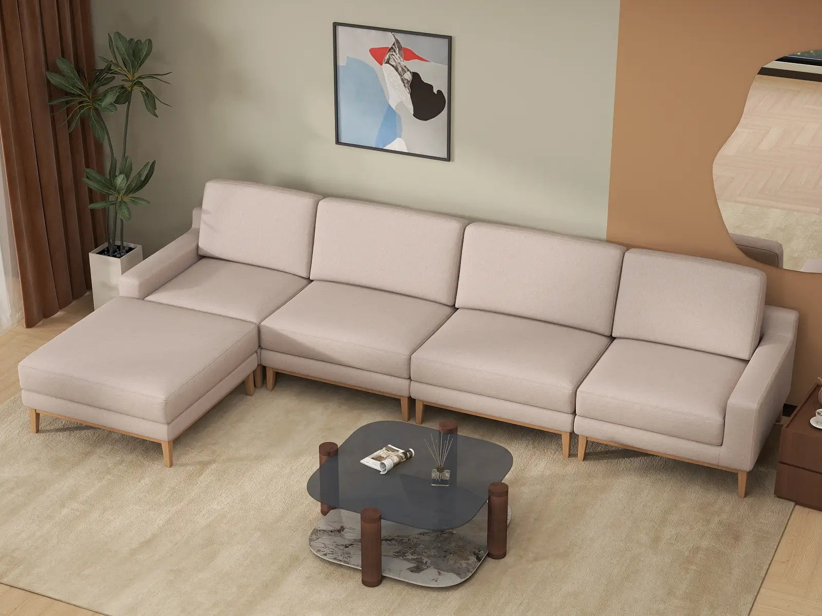Deluxe Cloud 4-Seater Khaki L-Shaped Sectional | 5-Piece (Includes 1 Ottoman), Linen Look Poly Fabric, Washable Cushion Covers
