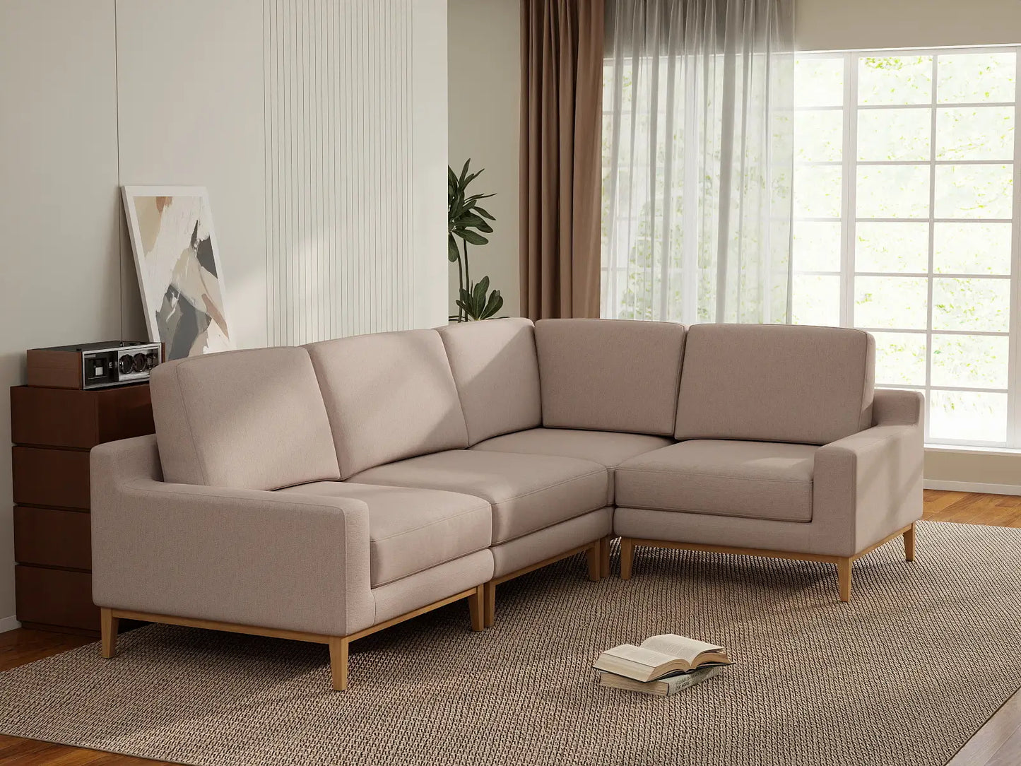 Deluxe Cloud 4-Seater Khaki L-Shaped Sectional | 4-Piece, Linen Look Poly Fabric, Washable Cushion Covers