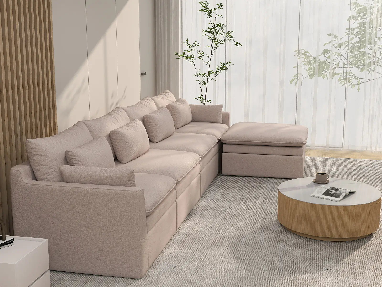 Deluxe Cloud 4-Seater Khaki L-Shaped Sectional | 5-Piece (Includes 1 Ottoman), Linen Look Poly Fabric, Washable Cushion Covers