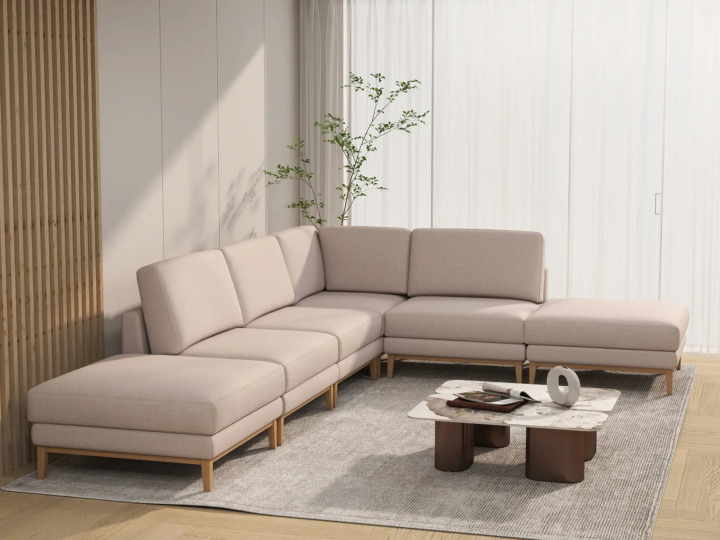 Deluxe Cloud 4-Seater Khaki L-Shaped Sectional | 6-Piece (Includes 2 Ottomans), Linen Look Poly Fabric, Washable Cushion Covers