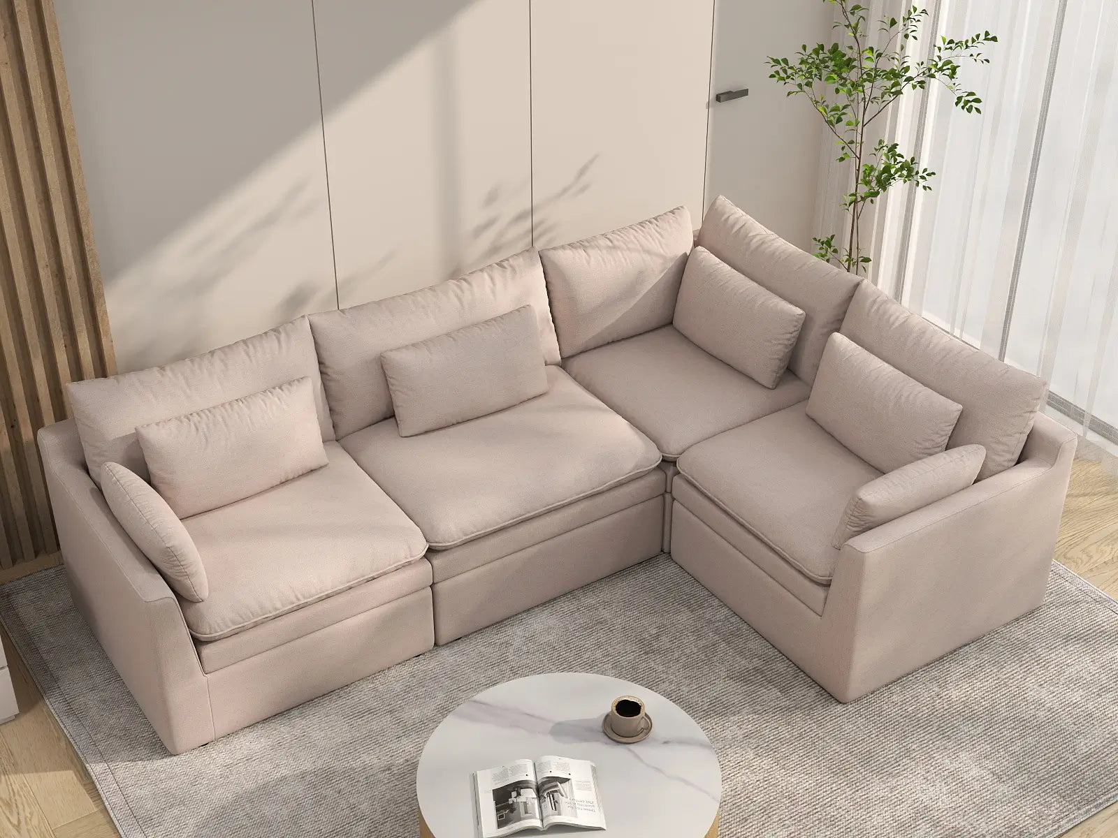 Deluxe Cloud 4-Seater Khaki L-Shaped Sectional | 4-Piece, Linen Look Poly Fabric, Washable Cushion Covers