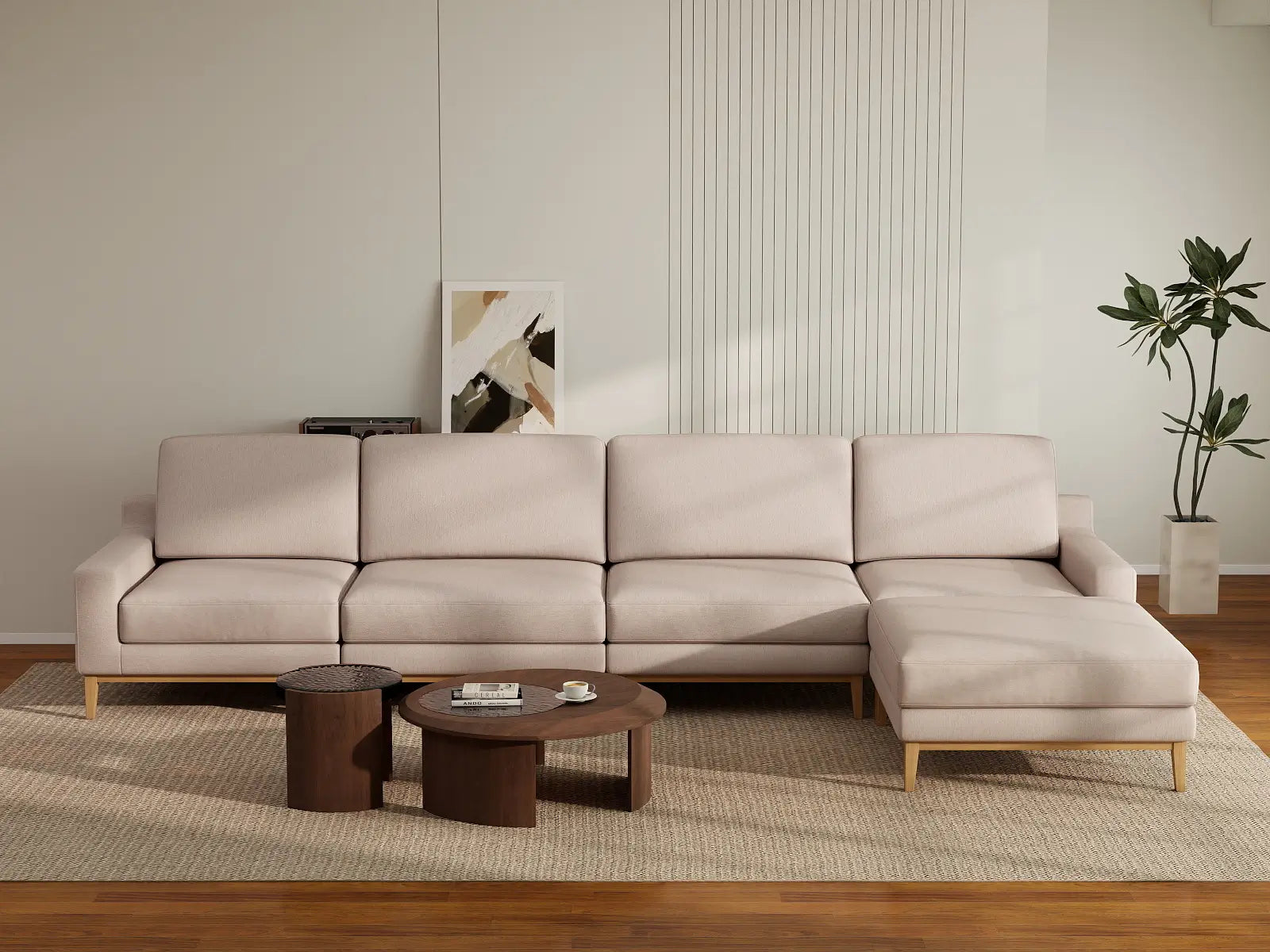 Deluxe Cloud 4-Seater Khaki L-Shaped Sectional | 5-Piece (Includes 1 Ottoman), Linen Look Poly Fabric, Washable Cushion Covers