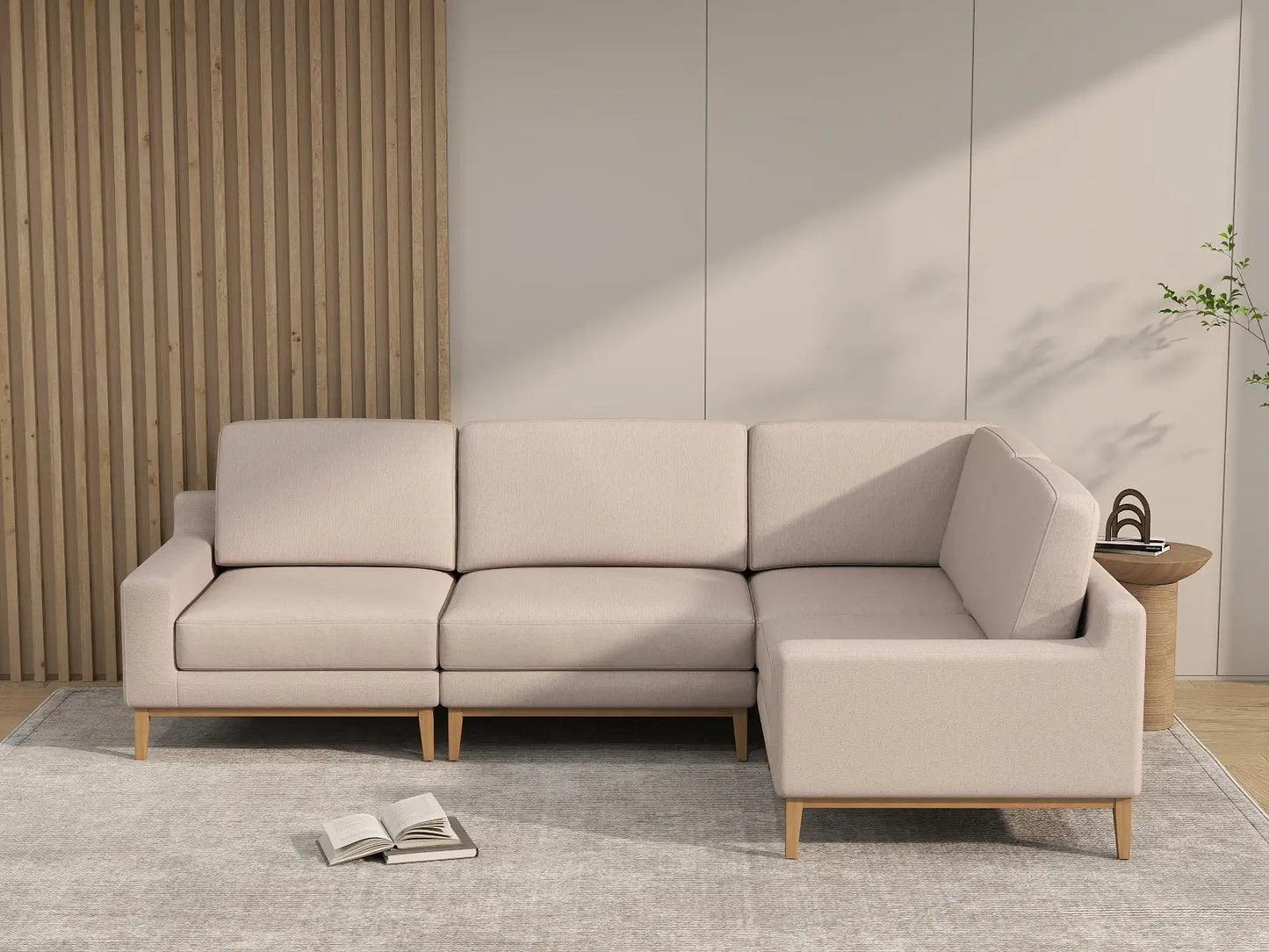 Deluxe Cloud 4-Seater Khaki L-Shaped Sectional | 4-Piece, Linen Look Poly Fabric, Washable Cushion Covers