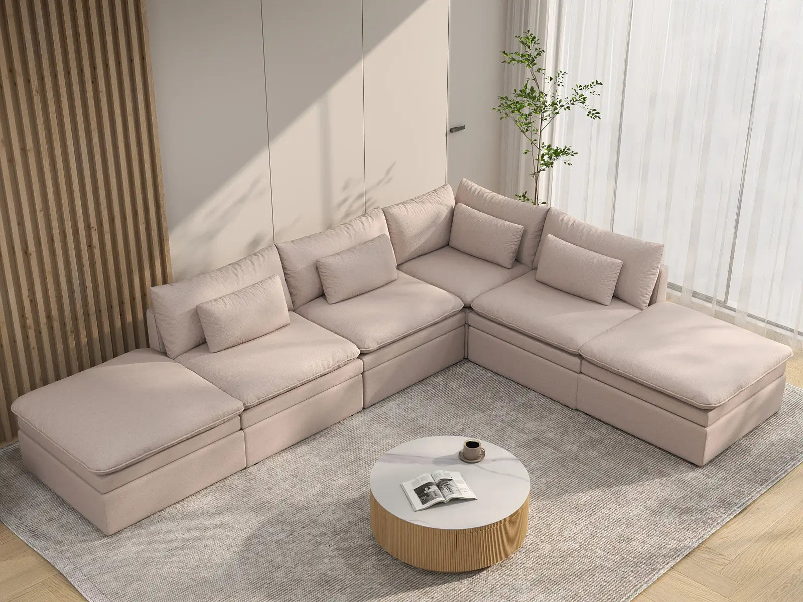 Deluxe Cloud 4-Seater Khaki L-Shaped Sectional | 6-Piece (Includes 2 Ottomans), Linen Look Poly Fabric, Washable Cushion Covers